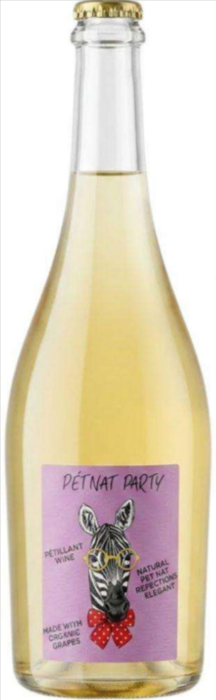 PetNat Party bottle with a pink label and a zebra wearing yellow glasses
